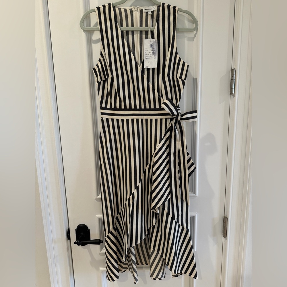 Warehouse Black and White Vertical Stripe High-Low Wrap Dress